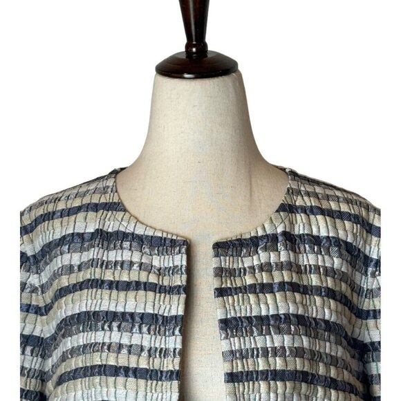 Lafayette 148 Coat Womens 6 Blue And Gray Striped Silk Blend Open Front Jacket - Picture 3 of 10